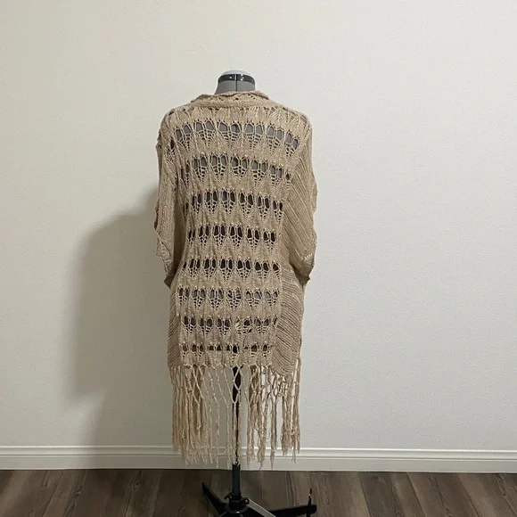 Boho Festival Knit Long Duster Fringe Cardigan Tan Brown - Picture 2 of 4